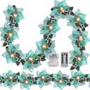 Zubebe 2 Pcs Prelit Poinsettia Christmas Garland with String Lights Glitter Holly Leaves Berries Remote Timer 8 Modes 6.5 ft Lighted Flower Garland Battery Operated Indoor Outdoor Decor(Teal)