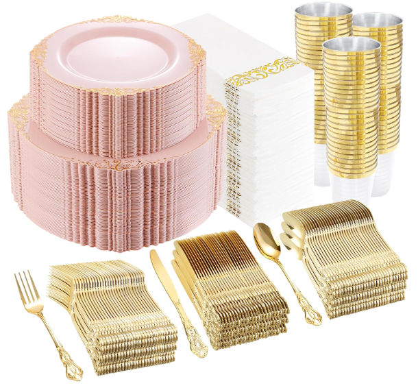 YOUBET 700PCS Pink Plastic Plates - Pink and Gold Plates - Luxury Pinks Plastic Dinnerware Set Include 200 Pinks Disposable Plates, 300 Heavy Duty Silverware, 100 Cups, 100 Napkins for Wedding & Party