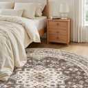 8ft Round Vintage Living Room Area Rug - 8x8 Large Soft Washable Oriental Traditional Distressed Farmhouse Rugs for Bedroom - Indoor Floor Accent Carpet for Home Office House Decor - Dark Brown