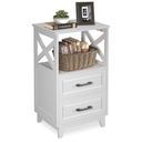 White Nightstand, Tall Bedside Table, Farmhouse Side Table with Storage Drawers and Open Shelf, Wooden Rustic End Table Cabinet for Bedroom, Home Office, White