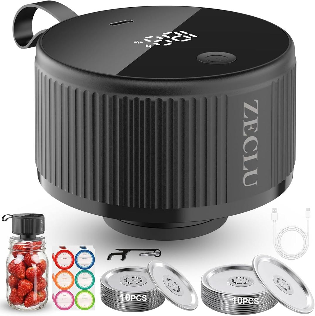 Electric Mason Jar Vacuum Sealer Kit, Automatic Jar Sealer for Wide and Regular Mouth Mason Jars, Portable Cordless Vacuum Sealer for Canning and Food Storage, Includes 20 Lids, 24 Labels, Black