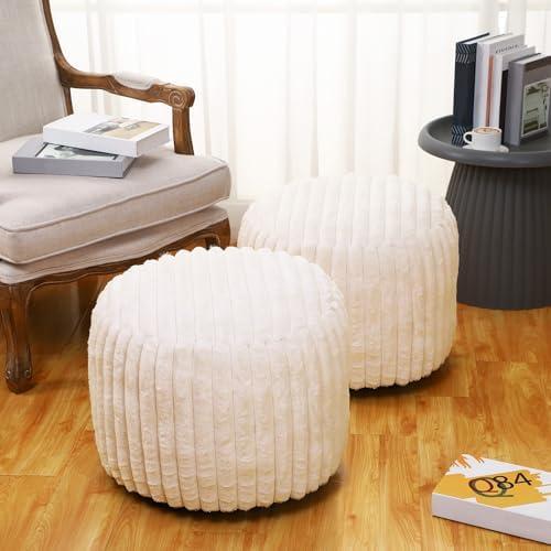 Teenyyou 2 Pcs 20 x 15 Inch Unstuffed Pouf Cover Ottoman Foot Rest - No Filler, Faux Rabbit Fur Foot Stool Floor Bean Bag Floor Chair Storage for Living Room Bedroom Home Decor (Beige)