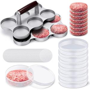 Mini Burger Press with Patty Papers and 6 Storage Containers 6 Slots Meat Sausage Patty Maker Paper Sheets Set for Small Burger Barbecue, Make 6 Pieces at Once