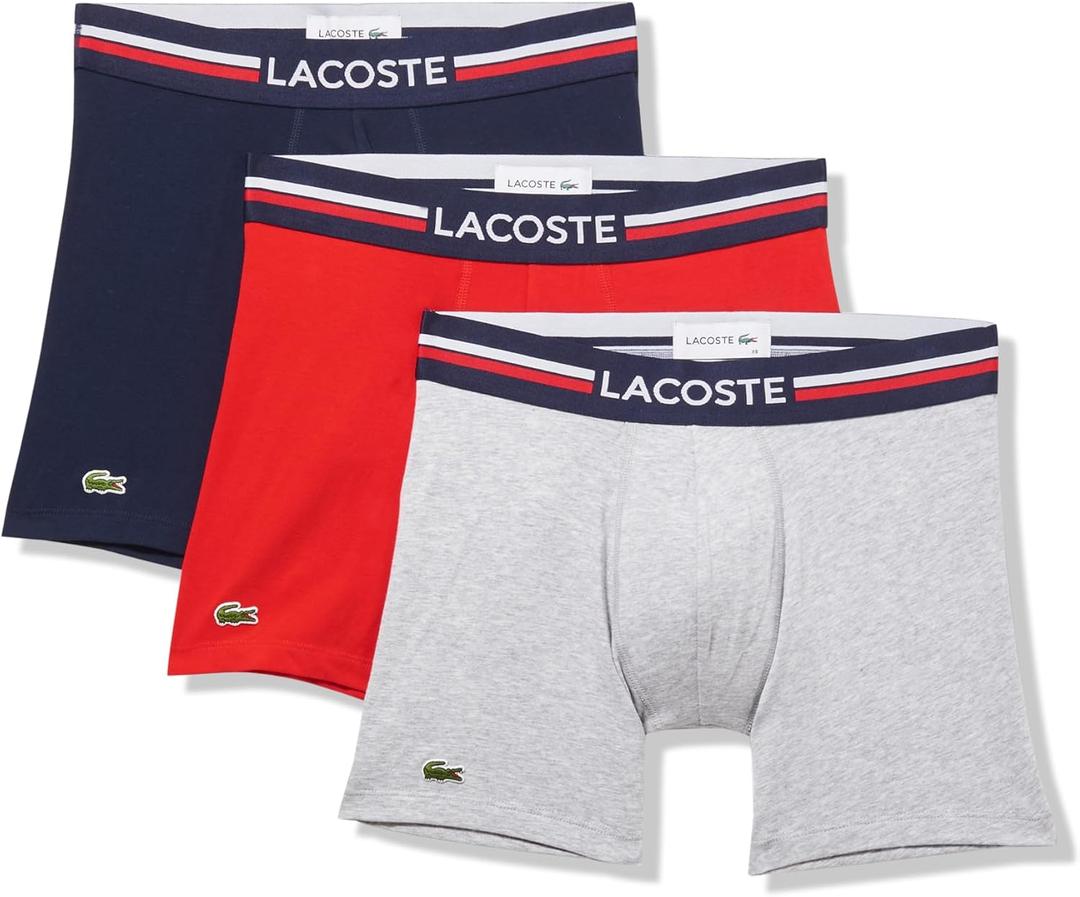 Lacoste mens Cotton Stretch Print Animation Boxer Briefs, 3-pack (Medium, Navy Blue/Dove Grey/Red)