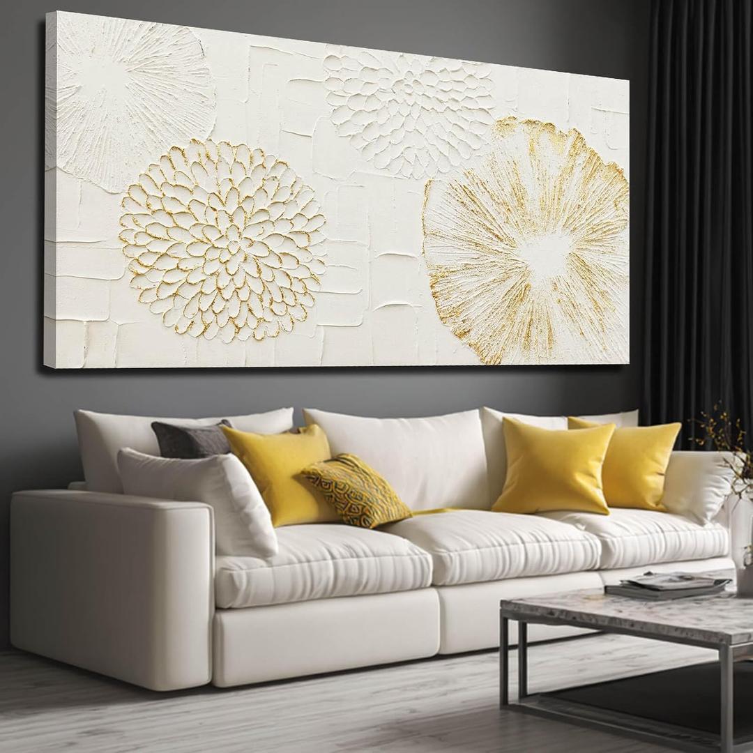 VAYIMDH White Wall Art Floral Paintings Hand Drawn Wall Decor Gold Arts Pictures 29"x58" Artwork for Living Room Dinning Room