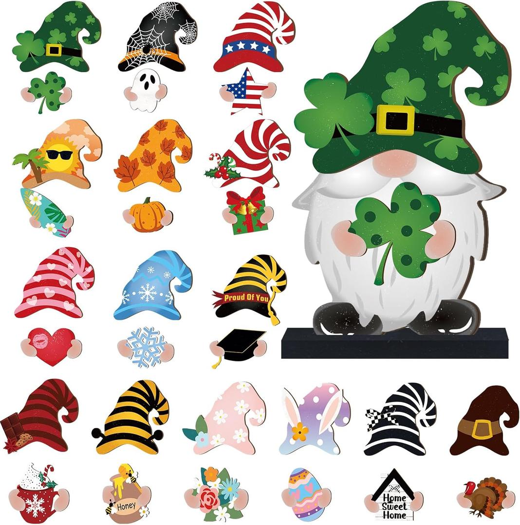 Blulu 32 Pcs Interchangeable Wooden Gnome Decor Valentines St. Patrick's Day Easter Holiday Seasonal Tiered Tray Decor Gnomes with Magnet Pieces Welcome Sign for Holiday Decorations (Fresh)
