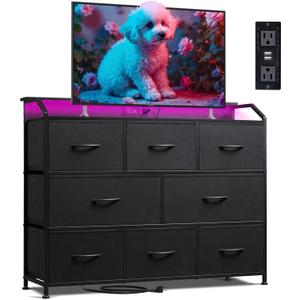 WLIVE Led Dresser for Bedroom, Black Dresser TV Stand for Bedroom with LED Lights and Power Outlet, Wide Chest of Drawers for Hallway, 8 Fabric Drawers for Living Room and Entryway, Easy to Assemble
