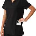 Scrubs for Women, V-Neck Scrubs Top & Cargo Pants with 10 Pockets (Black, XXL)