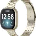 Wearlizer Compatible with Fitbit Versa 4/3 Bands/Fitbit Sense Bands for Women Men, Stainless Steel Ultra-Thin Lightweight Metal Replacement Strap for Versa 4/Sense (Soft Gold)