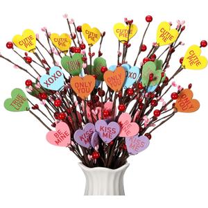 6 Pcs Conversation Heart Candy Picks Decorations Valentines Day Gifts Candy Heart Berry for Tree Vase Artificial Valentines Fake Flowers Wedding Anniversary Home Office Desk Table Decor