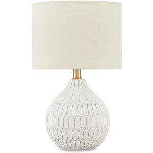 Signature Design by Ashley Wardmont Contemporary Modern Table Lamp with Drum Hardback Fabric Shade, On-Off Switch, Ceramic, 17.75" High, Antique White