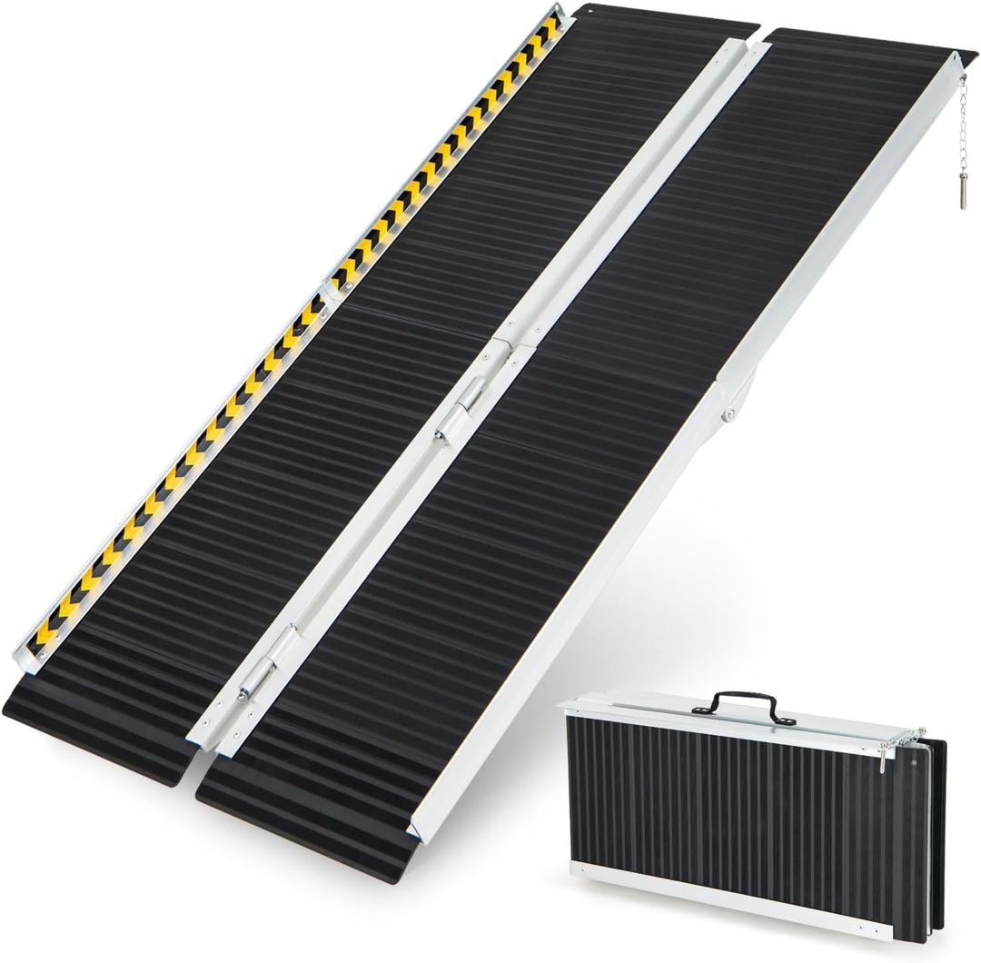 Goplus Portable Wheelchair Ramp 5 FT, Folding Handicap Ramp w/Transition Plate & Non-Slip Surface, Reflective Warning Stickers, Threshold Ramp for Stairs, Doorways, Steps, Scooter, Trunk, Garage