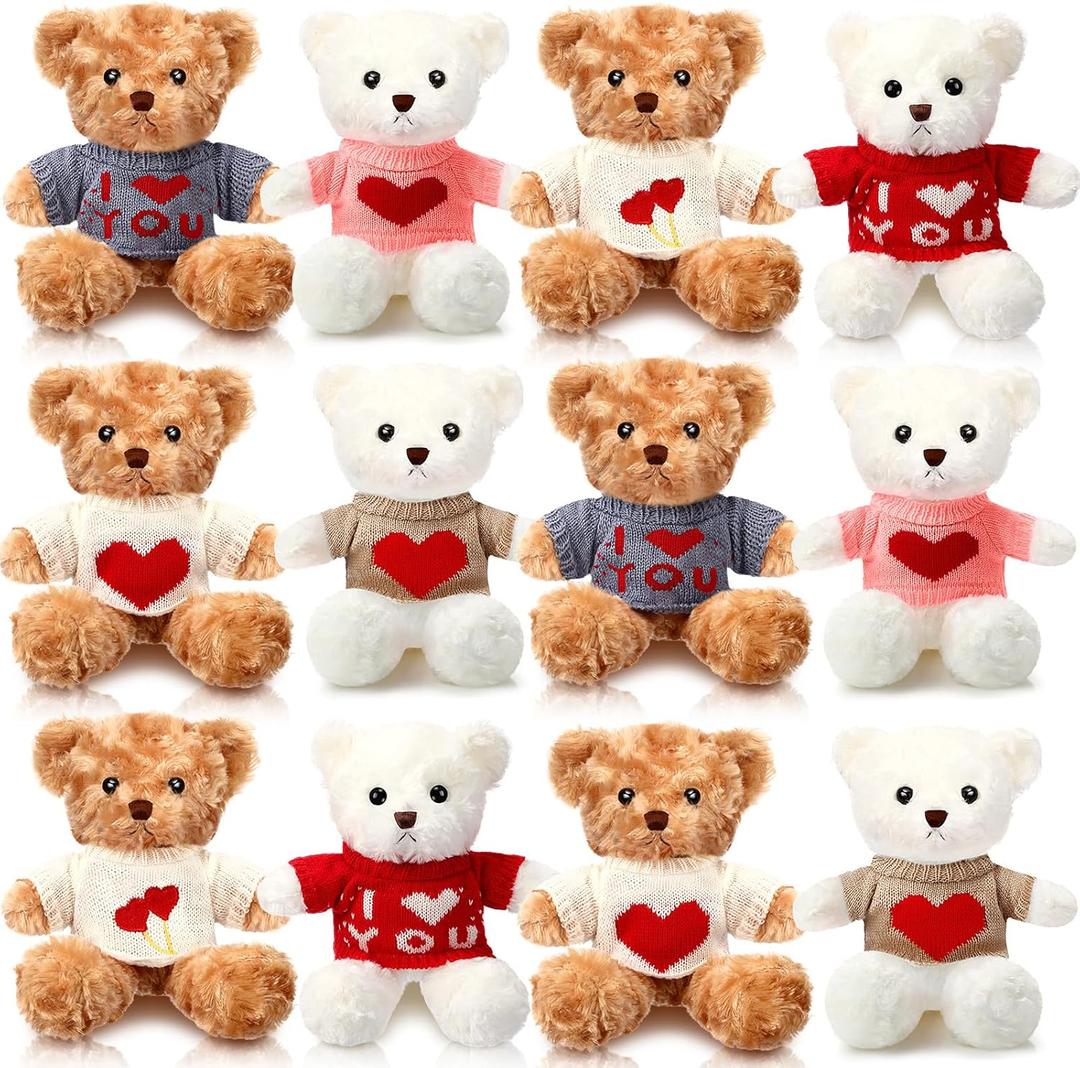 Hungdao 12 Pcs Set of Stuffed Bears, 10 Inch Valentines Day White Brown Stuffed Bears Small Soft Plush Animals with Cute Clothes for Valentines Day Gift Birthday Party Favors
