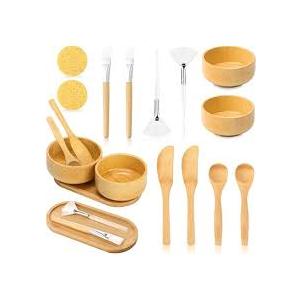 12 Pcs Bamboo Esthetician Supplies Face Mask Mixing Bowls  Fan Brushes Esthetician  Flat Facial Brushes  Mask Spatulas  Facial Cream Spoons Skincare Trays  Round Compressed Facial Sponges