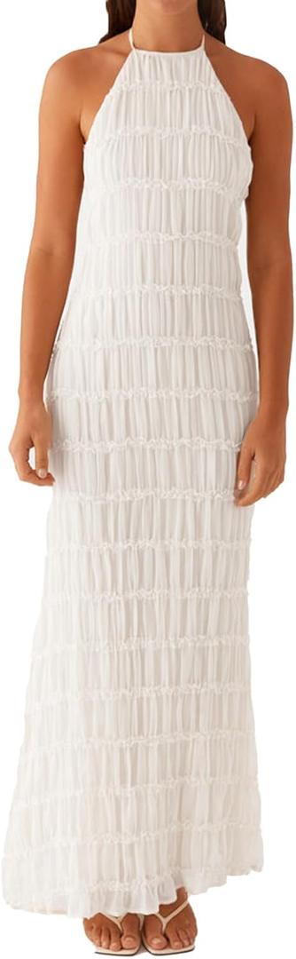 Women Backless Dress Sleeveless Textured Halter Open Back Maxi Dresses Vacation Wedding Guest (Small, White)