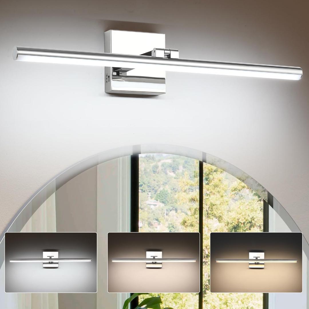 LED Bathroom Vanity Light, Modern Bathroom Light Fixture Over Mirror (3000K/4000K/6000K, Dimmable), Vanity Light Bar with Angle Adjustable, 24 Inch, Chrome