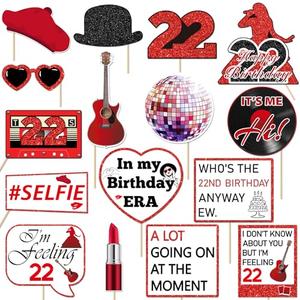 22nd Birthday Photo Booth Props for Girls Women, 16Pcs Large Size Birthday Decorations Red Photo Booth Frame, I'm Feeling 22 Bday Table Centerpieces Decorations
