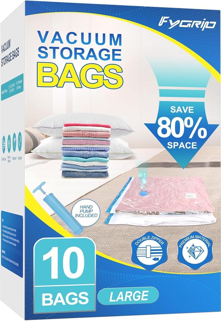 Fygrip Vacuum Storage Bags with Hand Pump, Plastic Packaging Bags, 80% Space Saver Vacuum Seal Bags for Clothing, Travel Lugggage, Blankets, Comforters, 10 Large