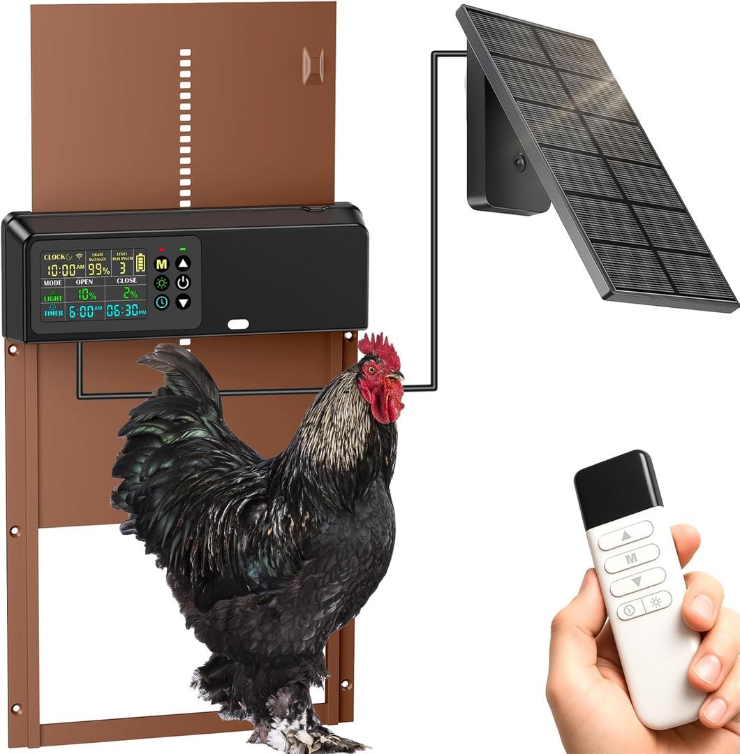 Automatic Chicken Coop Door Solar Powered with Timer&Light Sensor Remote Control 4Modes, Adjustable Anti-Pinch Strength&Weather Poof, Color LCD Dsipiay, Aluminun