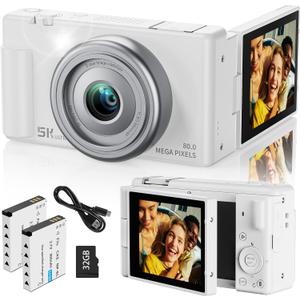 True 5K Digital Camera for Photography, Autofocus 80MP with 18X Digital Zoom 3" 270Flip Screen Dual-Lens Selfie Camera for YouTube Vlogging & Content Creation, 2 Batteries, 32GB Card & FlashWhite