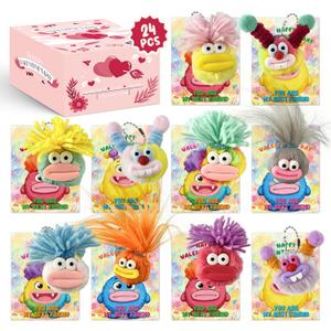 24 Pack Valentines Day Gifts Plush Toys Monster Keychain for Kids with Valentines Cards for Kids Classroom Exchange School Prize Exchange Party Favors Stuffed Toys