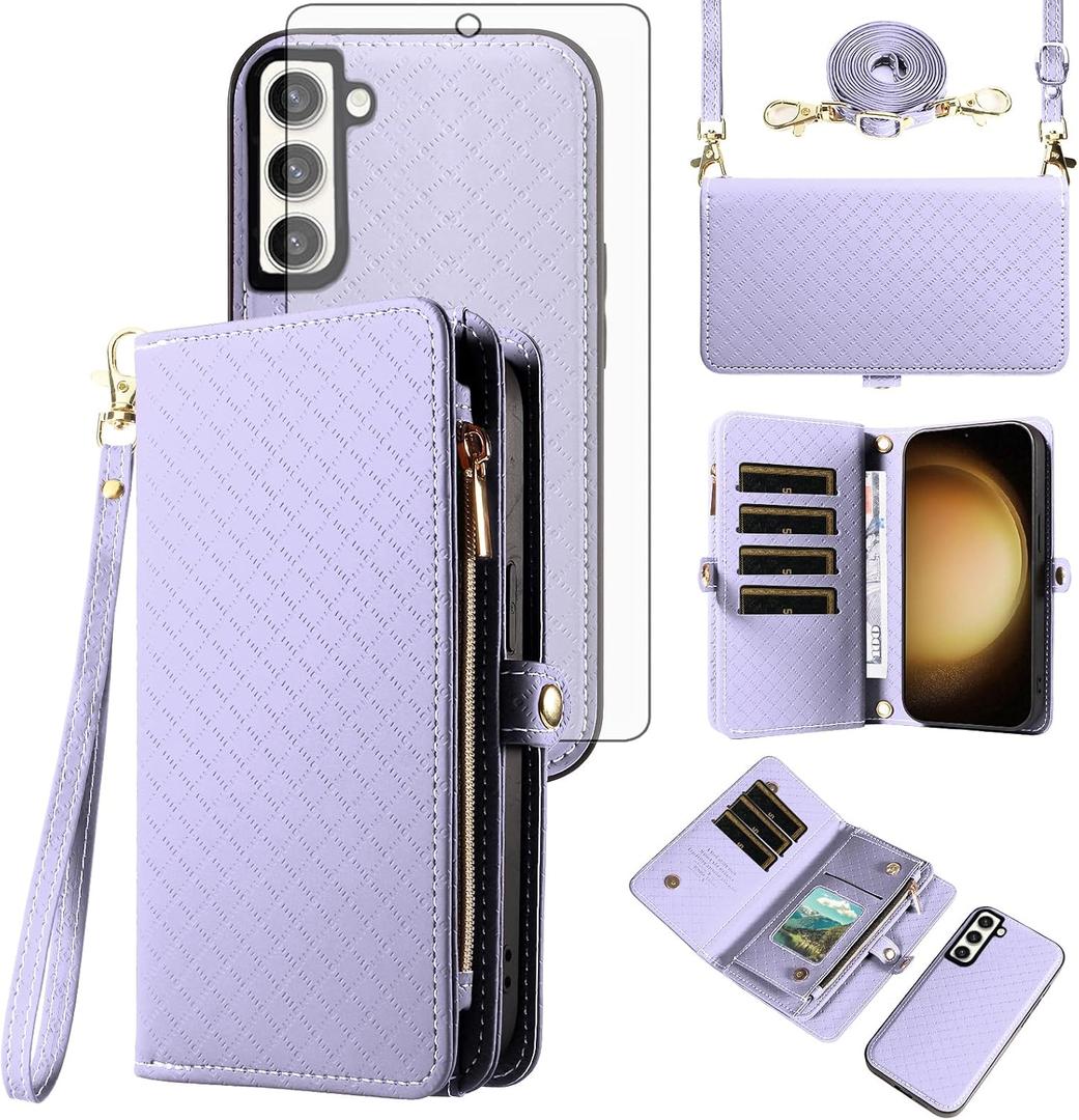 Asuwish Phone Case for Samsung Galaxy S23 Plus S23+ 5G Zipper Wallet Cell Cover with Tempered Glass Screen Protector Strap Flip Card Holder S23plus 23S + S 23 23+ SM-S916U 6.6 inch Women Girls Purple