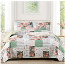 Anibedding 3 Pieces Green Patchwork Quilt Set Queen Size, Bohemian Red Flower Green Plaid Bedspread Coverlet Set with Pillowcases, Soft Microfiber Summer Quilt Bed Cover for All Season (96''x90'')
