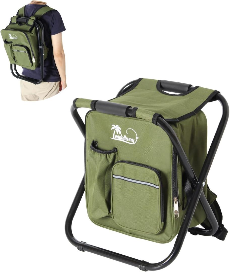 LEADALLWAY Backpack Fishing Chair with Cooler Bag Foldable Stool, Fishing Hunting Gifts for Men, Outdoor, Camping, Paints, BBQ, Beach, Picnic, Hiking, Concert, Green