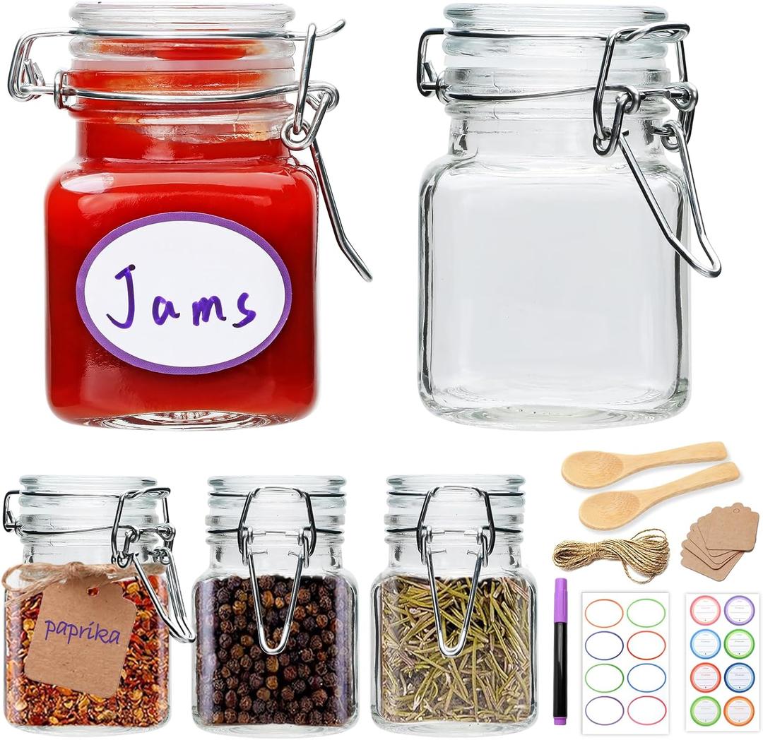 Brajttt Small Glass Jars with Lids,4 oz Spice Jars with Labels,Small Glass Containers with Airtight Hinged Lid for Home Kitchen, Arts & Crafts Projects, Spices, Decoration, Snack Foods (5 Pack)