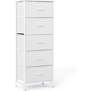 Sweetcrispy 5 Drawer Dresser with Fabric Bins Steel Frame Wood top Storage Chest for Bedroom Closet Hallway White Compact Organizer Durable Home Storage Solution