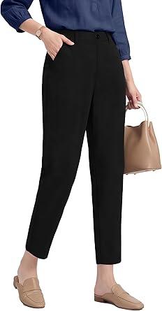 Houmous Womens Cotton Barrel Pants 26" Stretch Lounge Golf Travel Casual Slacks Belt Loops Pockets (26 Inseam, Black, X-Large)