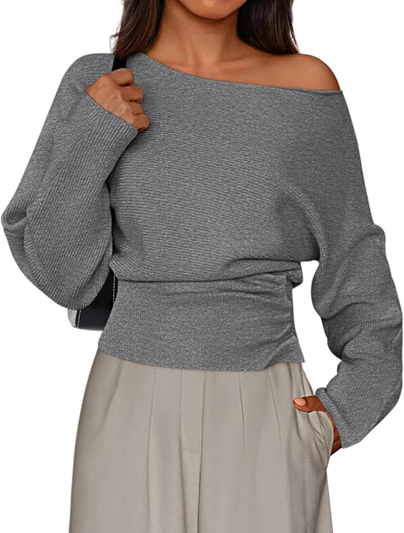 PRETTYGARDEN Women Off The Shoulder Sweater 2026 Fall Trendy Long Batwing Sleeve Knit Pullover Going Out Tops Winter Clothing (Large, Grey)