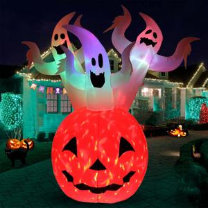 Buheco Inflatable Halloween Decorations Outdoor Pumpkin Ghost 6ft Giant Tall with Flashing Colorful LED Light Scary Blow Up Ghosts Inflatables Indoor Outside Yard Decor Lawn Garden Holiday