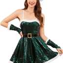 TRIWORKS Christmas Lingerie for Women Santa Dress Costume Set Christmas Sequin Dress with Xmas Hat Belt Gloves (XL, Green)