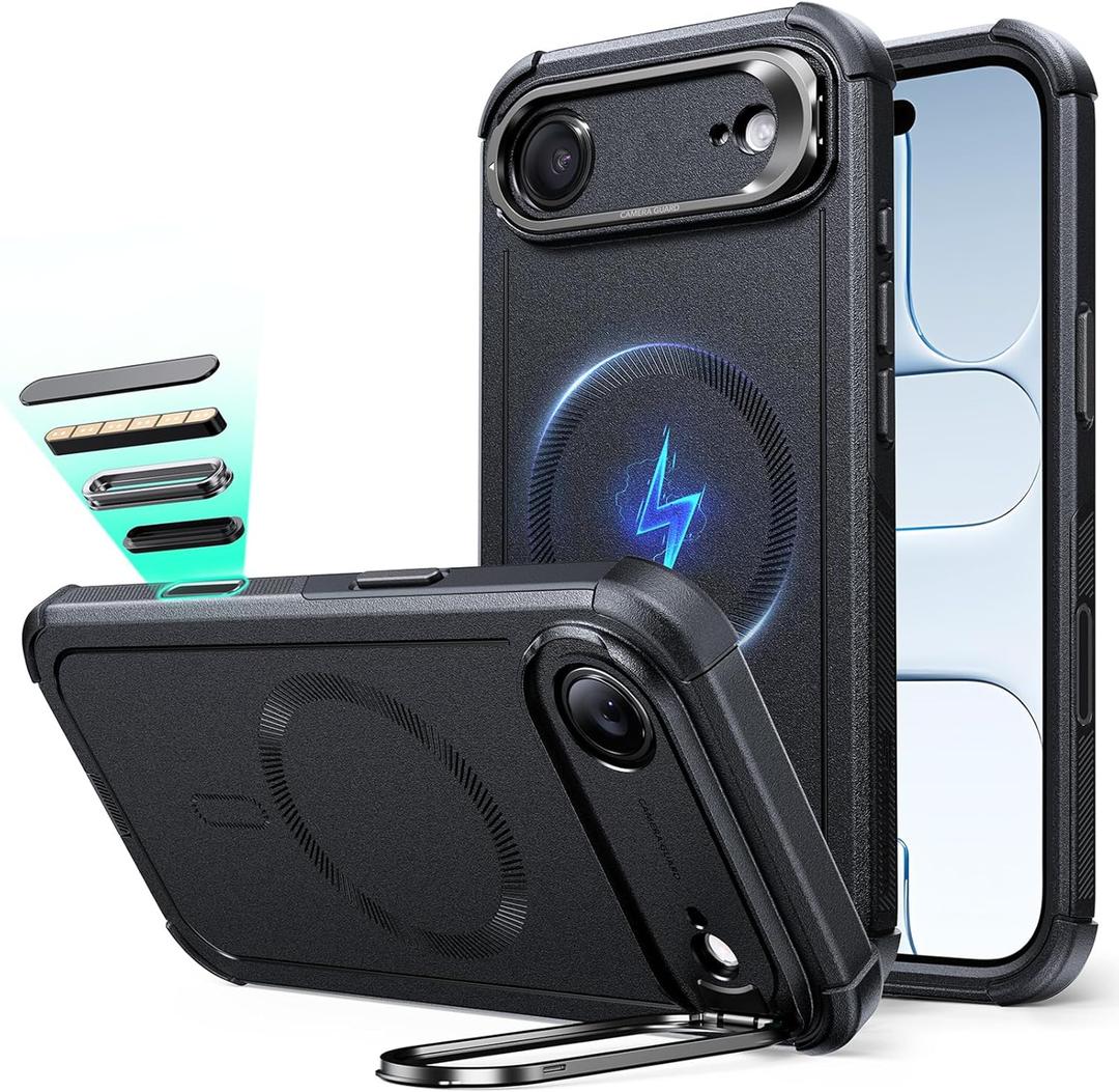 ESR for iPhone Air Case with Stash Stand, 7X Military-Grade Drop Protection, Camera Control, Shock-Absorbing iPhone 17 Air Phone Rugged case, Compatible with MagSafe Accessories, Cyber Series, Black