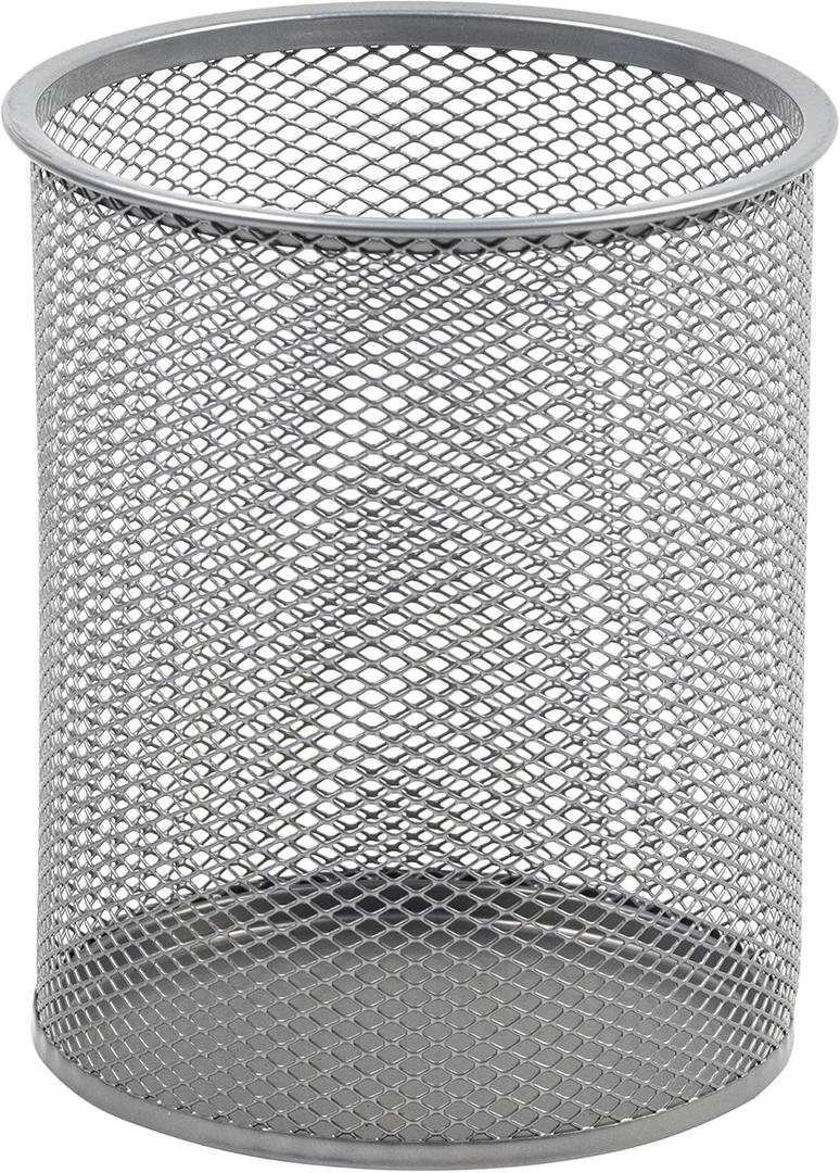YBM HOME Office Round Desk Steel Mesh Pencil Cup Pen Holder Silver, 2374 (Medium)