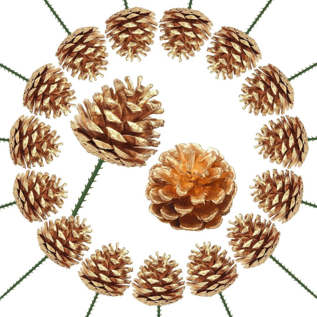15Pcs Christmas Natural Pine Cones Picks, 3 Inch Golden Pine Cone for Christmas Tree Decorations Wedding Fall Party Wreath Centerpiece DIY Crafts