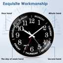 QINFIEY 12 Inch Day of Week Wall Clock, Non Ticking Modern Clocks Battery OperatedAnalog Day Clock for Seniors EldlyClassic for Office Home Classroom Bedroom School,Unique Gift Clock