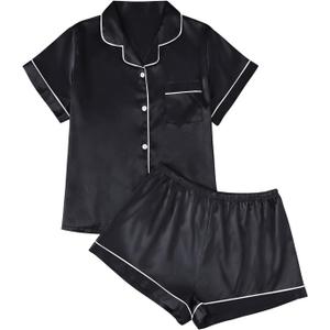 LILLUSORY Silk Satin Pajama Set for Women 2 Piece Lounge Pjs Winter Matching Summer Sleepwear Button Down Shirt Shorts (Large, Black)