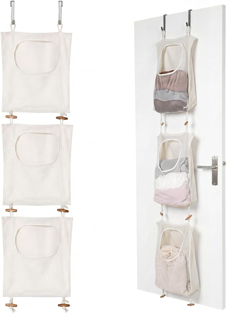 Tranqun 3 Pcs over the Door Hanging Laundry Hamper 65 x 19.7 Inches Mesh Laundry Hamper Bag Behind the Door Dirty Clothes Organizer with Hooks for Bathroom Camper Apartment College Dorm Room