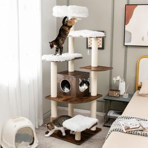 Tangkula Tall Cat Tree, 71-Inch Cat Tower with Multi-Layer Platform, Modern Wood Cat Tree with Sisal Scratching Posts, Self Groomer, Cat Condo, Washable Cushions for Large Cats 20 lbs Heavy Duty (Brown)