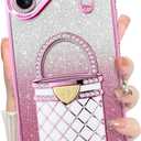 tharlet Kickstand for iPhone 16 Case with Stand [with Makeup Mirror] Cute Glitter Luxury Plating Edge Bumper with Full Camera Lens for iPhone 16 Phone Case, Pink (6.7")