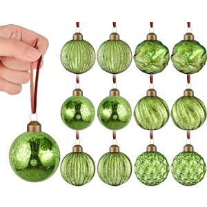 12 Pcs Vintage Mercury Glass Christmas Ball Ornaments 2.36 Inch Antique Embossed Ball Decorations Christmas Tree Hanging Decorations for Xmas Winter Holiday Decor Gifts(Green)