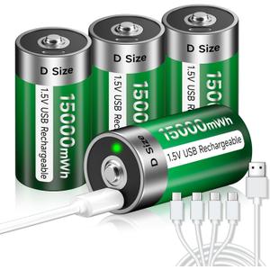 USB D Battery Lithium/15000mWh - 4 Pieces 1.5V USB D Cell Batteries Rechargeable Batteries Fast Charging in 4 Hours with Type C Charging Cable