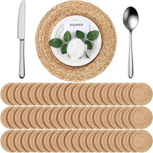 FoldTier 60 Pcs Round Placemats Bulk Plate Chargers Set 11.8 Inch Woven Placemat Rustic Braided Straw Rattan Charger Natural Water Hyacinth Place Mat for Wedding Party Table Single Tableware Use
