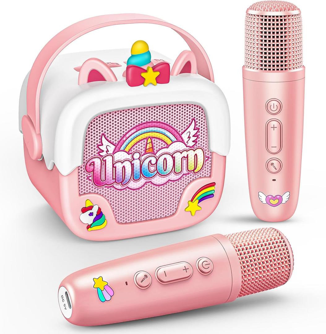 Mini Karaoke Machine for Kids Girls: Unicorn Portable Bluetooth Speakers with 2 Wireless Mic Easter Birthday Gifts for 5 6 7 8 9 10 11 Years Teen Toys for Girls Age 4-6 7 8 9 Basket Stuffers Pink