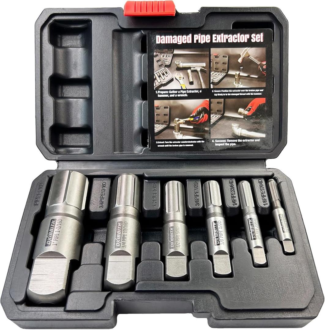 Pipe Extractor Set, 6-Piece Heavy Duty Steel Broken Pipe Extractors for Removing Damaged Threaded Pipes & Fittings from 1/8" to 1", with Durable Storage Case, Ideal Tools for Plumbers Mechanics DIY