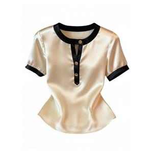 Verdusa Women's Old Money Satin Metal Button Down Blouse Short Sleeve Shirts Summer Tops Apricot Large (Beige, L)