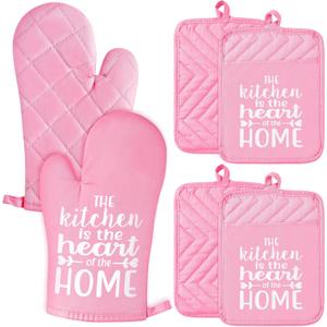 GROBRO7 6Pcs Funny Oven Mitts Pot Holders The Kitchen is The Heart of The Home Heat Resistant Hot Pad Machine Washable Gloves with Hanging Loop Pocket Hot Pad for Baking Cooking Pink