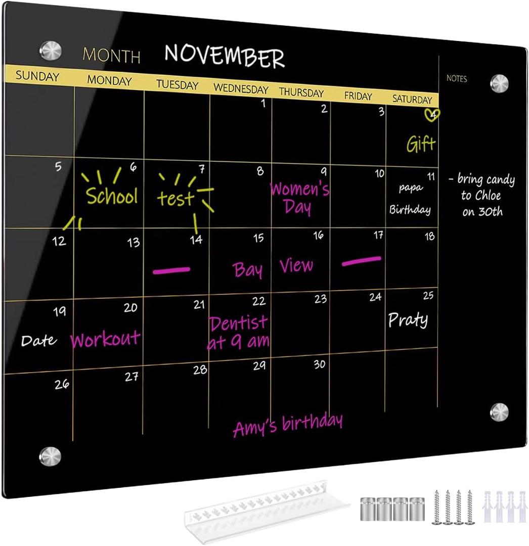 Okydoky Glass Dry Erase Whiteboard,Monthly Calendar Whiteboard,12" x 16",Frameless Glass White Board for Home,School,Office,Black Surface(GlassA-BK-3040)